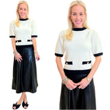 Cream & Black Knit Puff Sleeve Merris Top w/ Gold Buttons