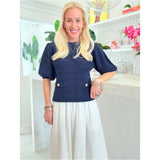 Navy Gold Button Puff Sleeve Hunter Sweater