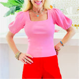 Pink Stretchy Knit Puff Sleeve Livvie Top