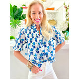 Blue & Bright Green Smocked Puff Sleeve Cotton Button Up Sea Island Top