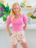 Pink Stretchy Knit Puff Sleeve Livvie Top
