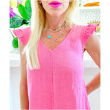 Flamingo Pink Linen Ruffle Shoulder Naples Dress w/ Pockets