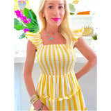 Flutter Sleeve Cabana Stripe Smocked Nantucket Dress w/Tiered Ruffle Hem