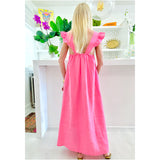 Flamingo Pink Linen Ruffle Shoulder Naples Dress w/ Pockets