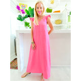 Flamingo Pink Linen Ruffle Shoulder Naples Dress w/ Pockets