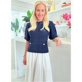 Navy Gold Button Puff Sleeve Hunter Sweater
