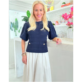 Navy Gold Button Puff Sleeve Hunter Sweater