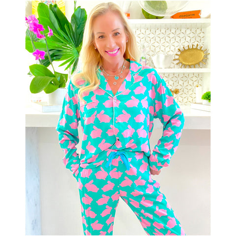 Turquoise & Pink Kissing Bunnies Pajamas w/Contrast Piping
