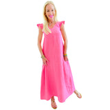 Flamingo Pink Linen Ruffle Shoulder Naples Dress w/ Pockets