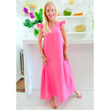 Flamingo Pink Linen Ruffle Shoulder Naples Dress w/ Pockets