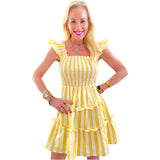 Flutter Sleeve Cabana Stripe Smocked Nantucket Dress w/Tiered Ruffle Hem