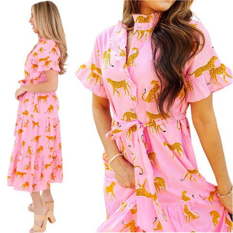 Pink Ruffle Neck Button Down Cleo Dress w/ Opt Belt & Pockets