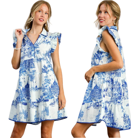 Toile Flutter Sleeve Mirial Dress w/Blue Piping
