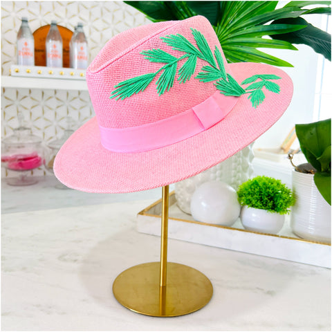 Embroidered Banana Fiber Pink Capri Hat, handmade in Brazil