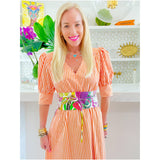 Bright Orange Stripe Puff Sleeve Gulf Shores Dress w/ Pockets