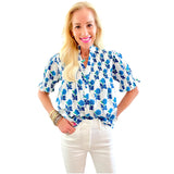 Blue & Bright Green Smocked Puff Sleeve Cotton Button Up Sea Island Top