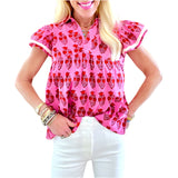 Pink & Red Flutter Sleeve Cotton Collared Brighton Top