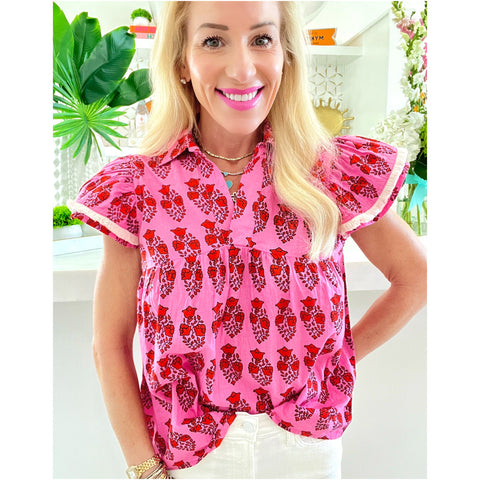 Pink & Red Flutter Sleeve Cotton Collared Brighton Top