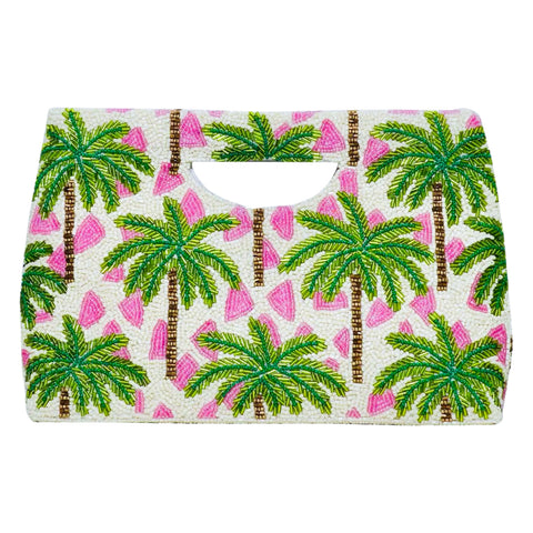 Hand Beaded Pink Palm & 3D Floral Bag