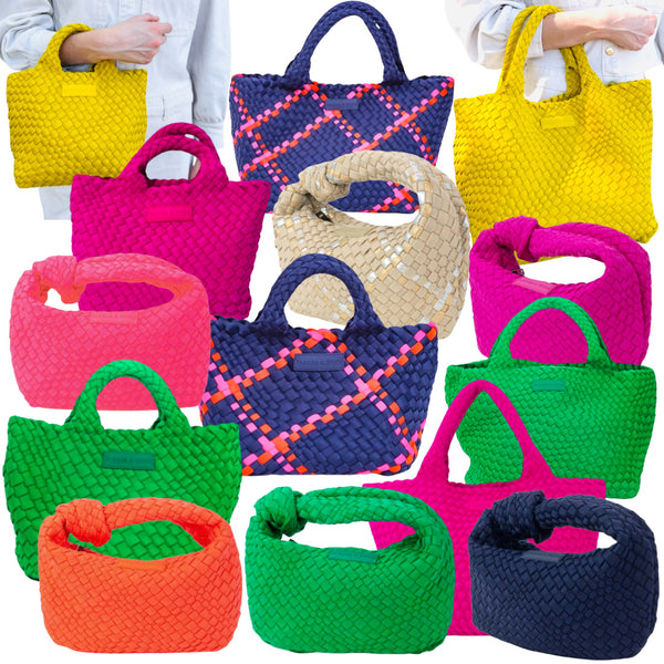 Handwoven Neoprene Small & Large Tote w/ Clutch & Strap + Knotted Small Tote