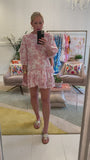 White & Coral Chinoiserie Print 3/4 Puff Sleeve Dress with Asymmetrical Ruffle Hem