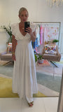 White Linen Triple Cascading Ruffle Maxi Dress