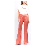 Mandarin Satin High Waisted Flare Leg Side Zip Pants with Banded Waist