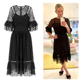 Black Mesh Dots Smocked Waist Tiered Ruffle Hem Midi Dress