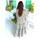 Aqua & Orange Block Print Dahlia Caftan Dress