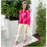 Pink & Red Satin Jovie Blouse with Optional Top Button Closure