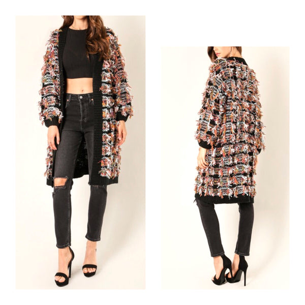 トップス TWEED FRINGE KNIT CARDIGAN Black Knit Open Front Tweed with METALLIC Silver Fringe Cardigan
