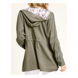 Olive Green Burberry-esque Utility Hooded Jacket with Plaid Lining & Toggle Waist Cinch