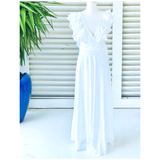 White Linen Triple Cascading Ruffle Maxi Dress