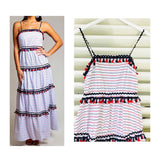 Red White & Navy Blue Stripe Tiered Maxi Dress with Tassels & RicRac Trim