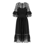 Black Mesh Dots Smocked Waist Tiered Ruffle Hem Midi Dress