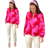Pink & Red Satin Jovie Blouse with Optional Top Button Closure