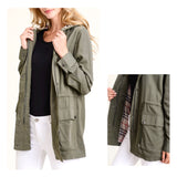 Olive Green Burberry-esque Utility Hooded Jacket with Plaid Lining & Toggle Waist Cinch