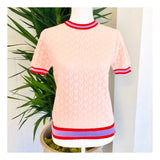 Baby Pink Open Knit Short Sleeve Sweater with Lavender & Poppy Red Banded Trim