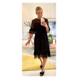 Black Mesh Dots Smocked Waist Tiered Ruffle Hem Midi Dress