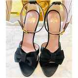 Black Napa Leather Greta Heels with Grosgrain Ribbon  Bow & ankle Strap, Handmade in Italy