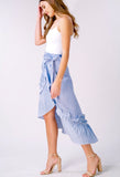 Blue Stripe High Low Maxi Wrap Skirt with Round Ruffle Hem Detail
