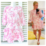 White & Coral Chinoiserie Print 3/4 Puff Sleeve Dress with Asymmetrical Ruffle Hem