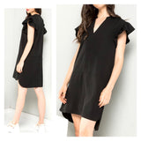 Black Flutter Sleeve High Low Hem Shift Dress with Pockets