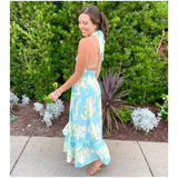 Aqua Hydrangea Print Smocked Hunter Halter Dress