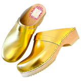 Gold Leather Malmo Clog with Gold Strap & Wooden Heel with Rubber Sole, Handmade in Sweden