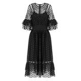 Black Mesh Dots Smocked Waist Tiered Ruffle Hem Midi Dress