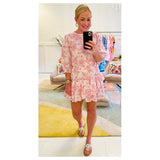 White & Coral Chinoiserie Print 3/4 Puff Sleeve Dress with Asymmetrical Ruffle Hem