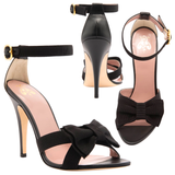 Black Napa Leather Greta Heels with Grosgrain Ribbon  Bow & ankle Strap, Handmade in Italy