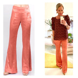 Mandarin Satin High Waisted Flare Leg Side Zip Pants with Banded Waist
