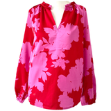 Pink & Red Satin Jovie Blouse with Optional Top Button Closure